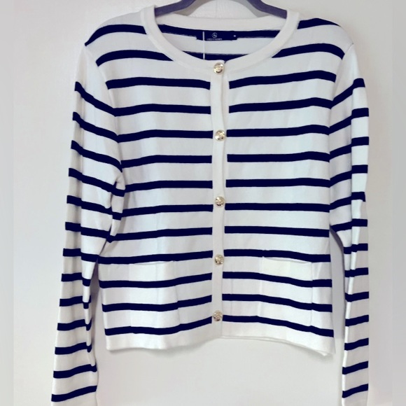 Striped Black and White Knit Cardigan w/ Gold Buttons- Size Small - Picture 6 of 6